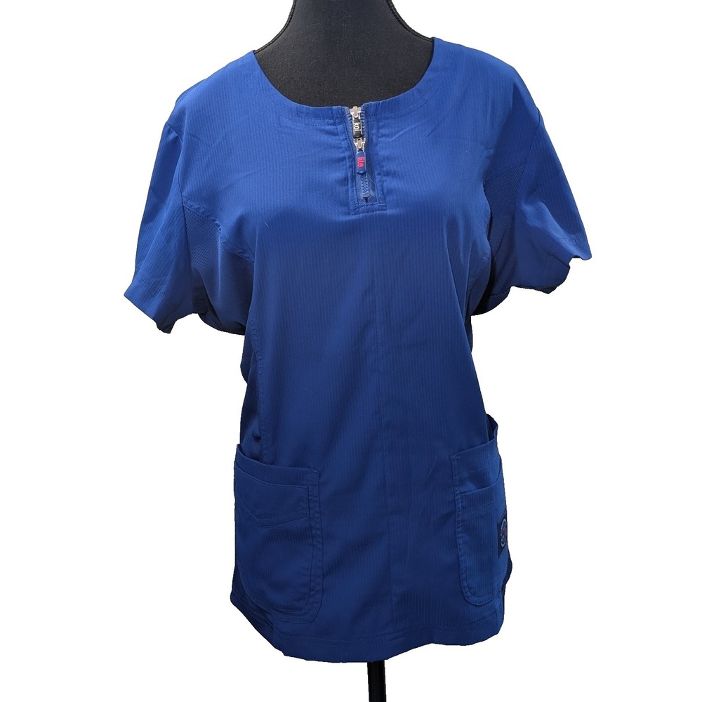 Koi Lite Serenity Scrub Top Blue Zip Performance Medical Uniform Women's Large